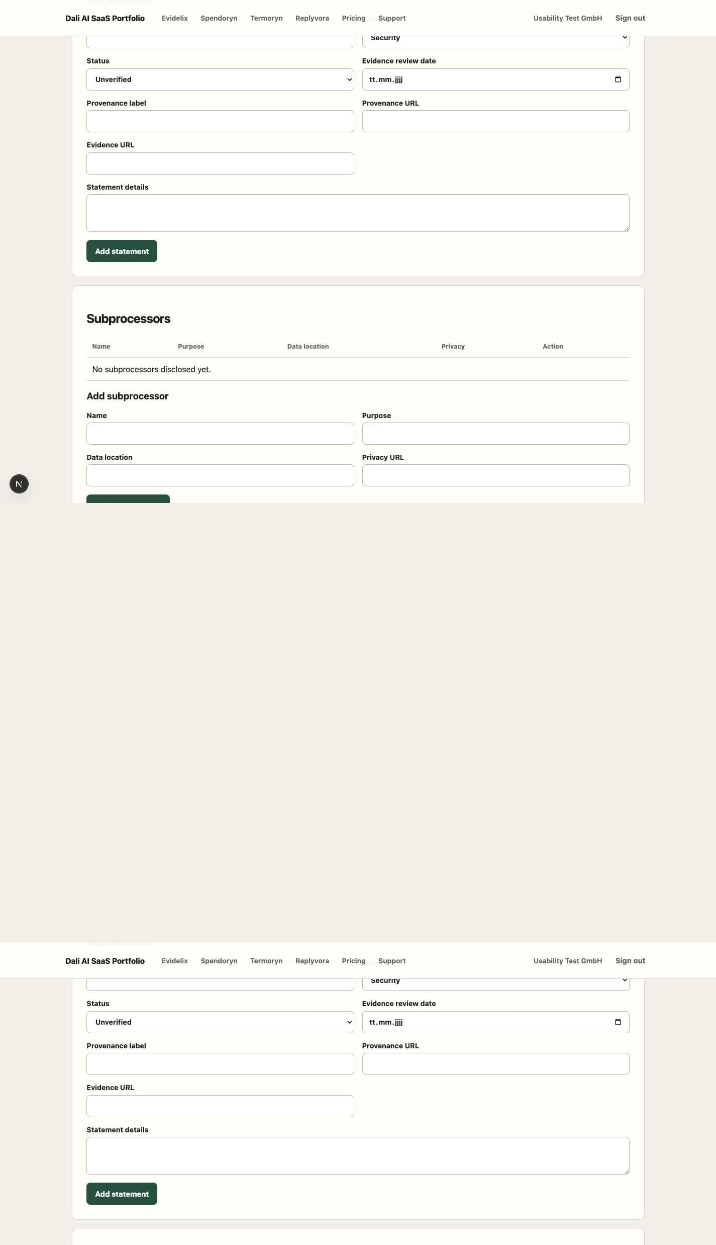 Evidelix product dashboard with synthetic test data